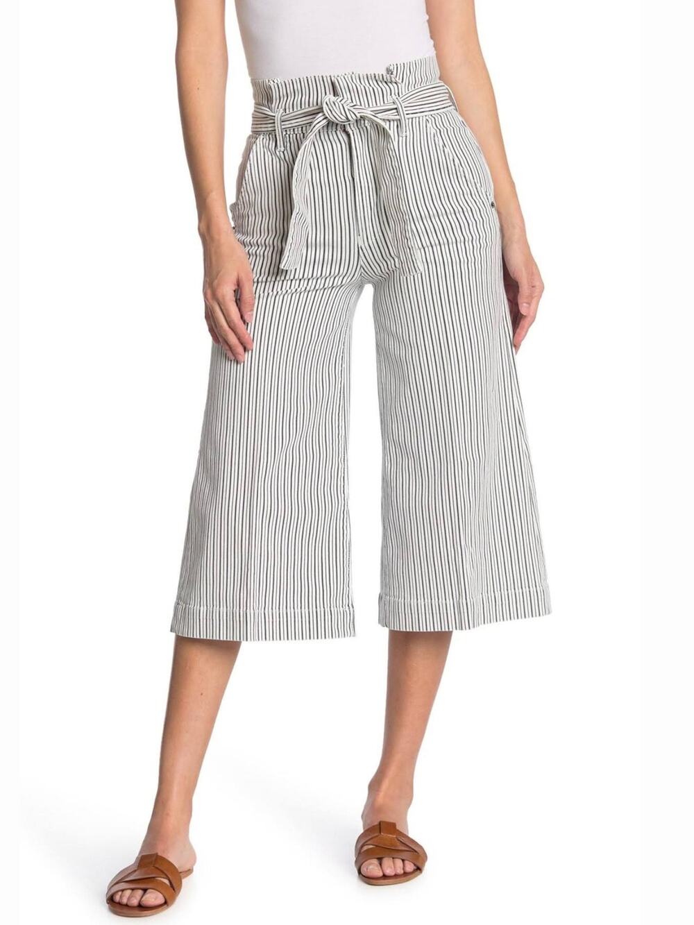 Frame White Striped Belted High Rise Wide Leg Cropped Culotte Pants Size 25